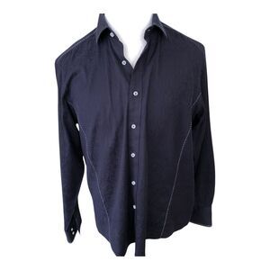 Zagiri Men Navy Long Sleeve Button Down White Stitching Emroidery Dress Shirt XL